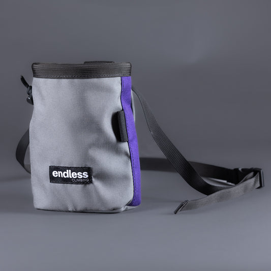 Asym Chalk Bag - Grey and Purple, Chalk Bag, Climbing Chalk Bag, Front View