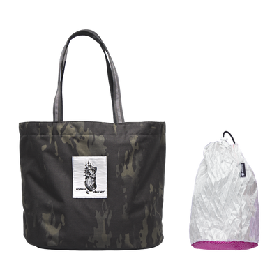 Decoy Tote in Black Camo with a Berry Stuff Satchel