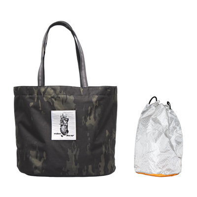 Decoy Tote in Black Camo with a Tangerine Stuff Satchel