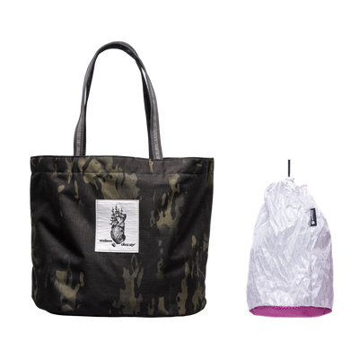 Endless Decoy Tote in Black Camo with a Berry Stuff Satchel