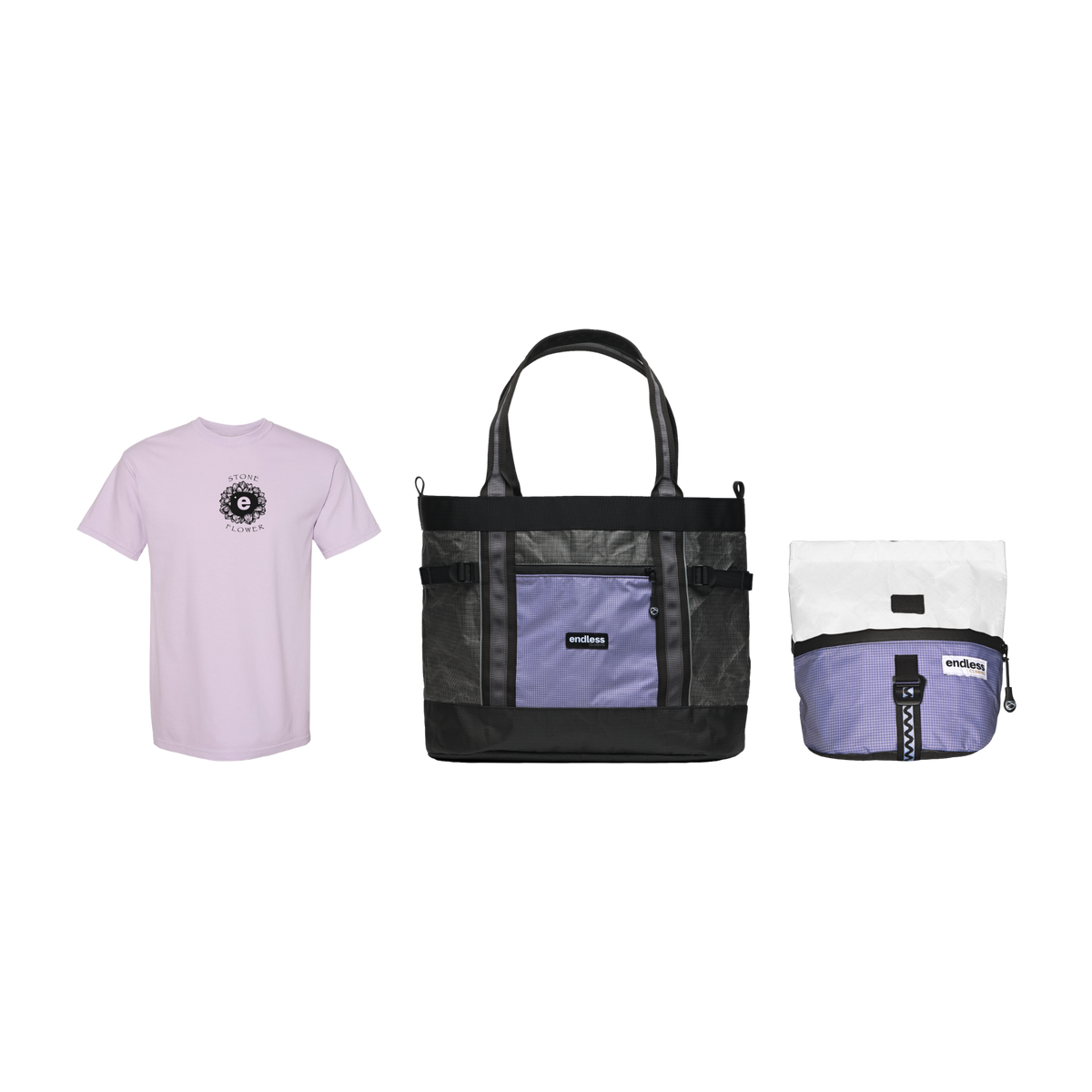 Stoneflower Tee in Stoneflower, Stoneflower UltraMega Tote and White Stoneflower Magnetic Brush Bucket