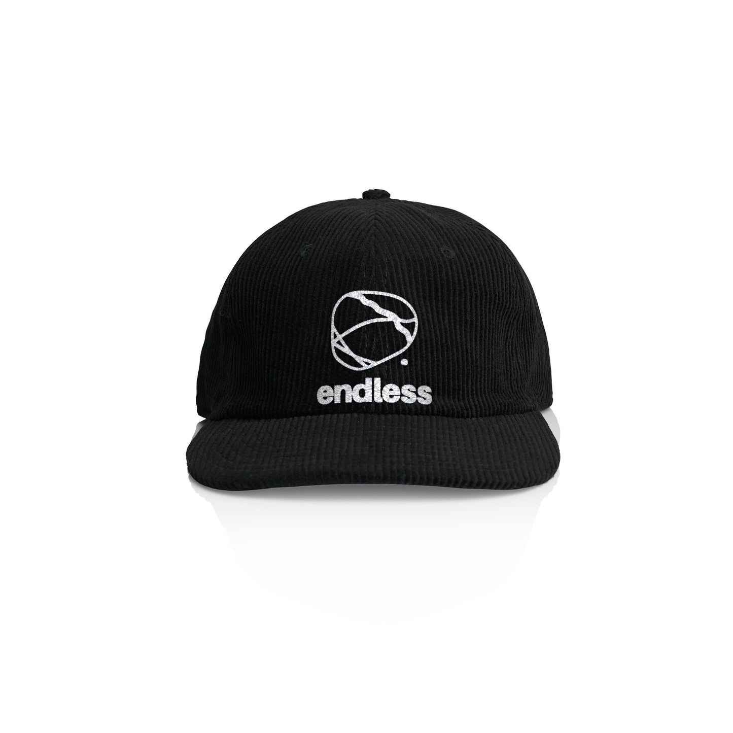Endless Climbing corduroy cap in black, white embroidered stone and endless logo, front view