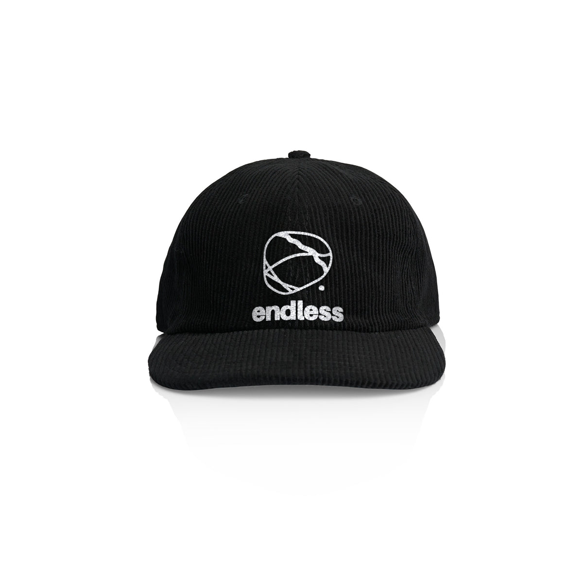 Endless Climbing corduroy cap in black, white embroidered stone and endless logo, front view