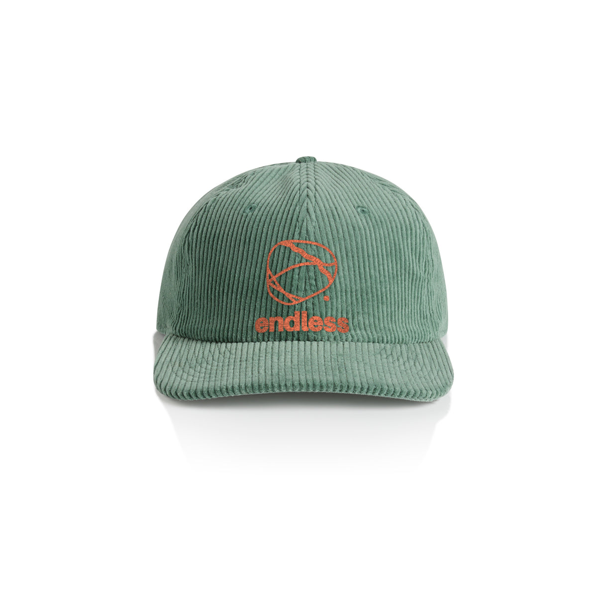 Endless Climbing corduroy cap in sage, orange embroidered stone and endless logo, front view