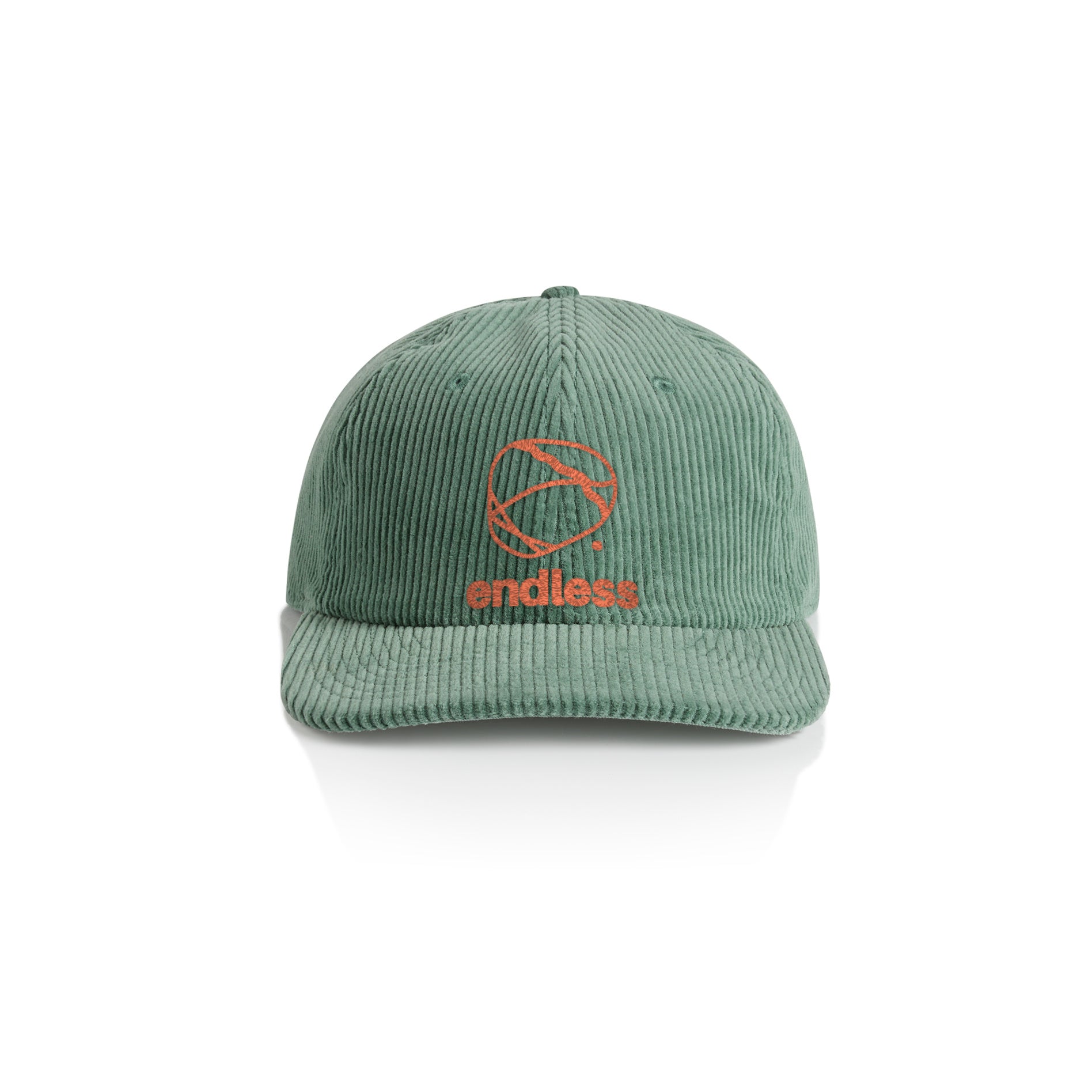 Endless Climbing corduroy cap in sage, orange embroidered stone and endless logo, front view