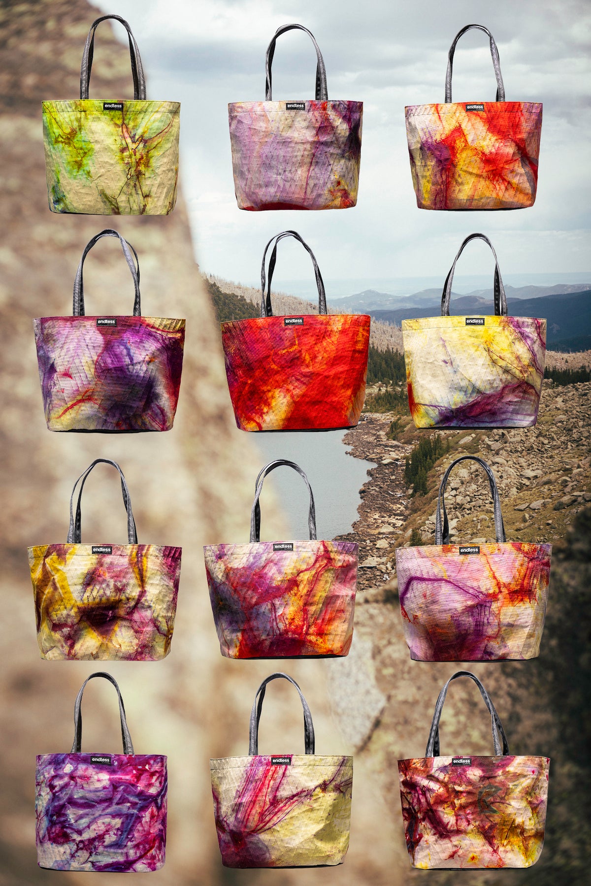 Endless Choss Totes laid out in a grid, showing the range of tie-dye patterns